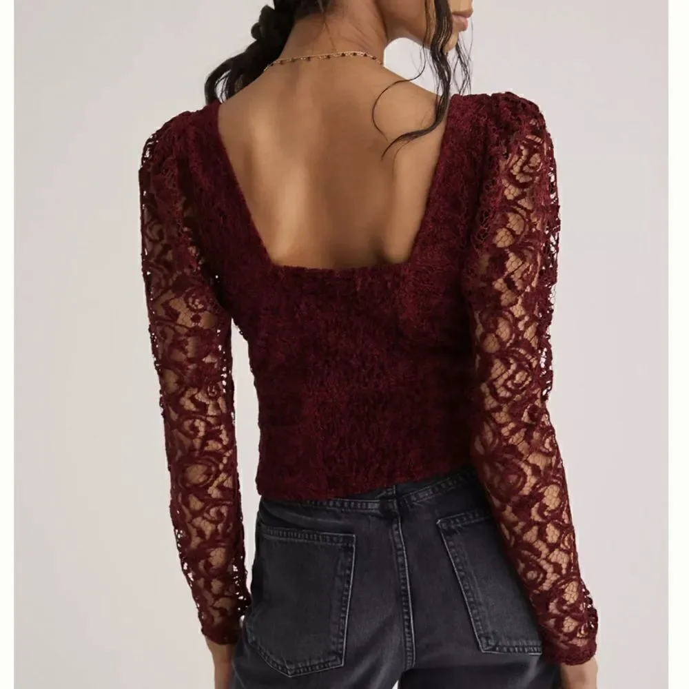 NWT Anthropologie Sweetheart Lace Top Medium Wine